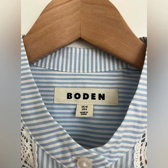 Boden Blue White Stripe Lace Blouse Women US 6 100% Cotton Cottagecore Top Boho - Picture 4 of 10